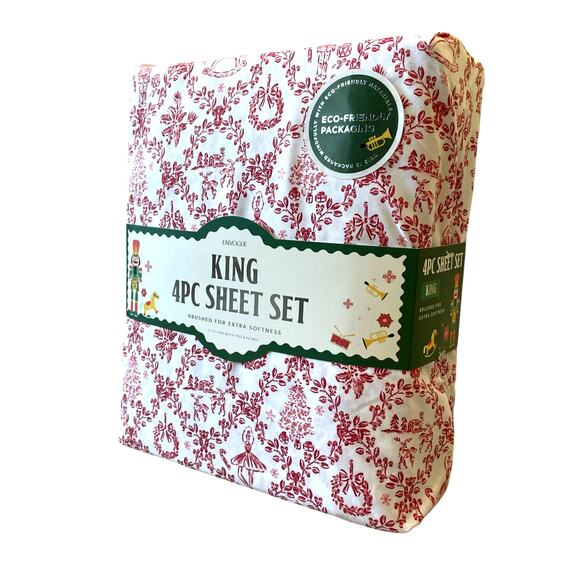 Envogue KING 4pc Sheet Set Nutcracker Toile Christmas Bedding Red & White New - Picture 4 of 11
